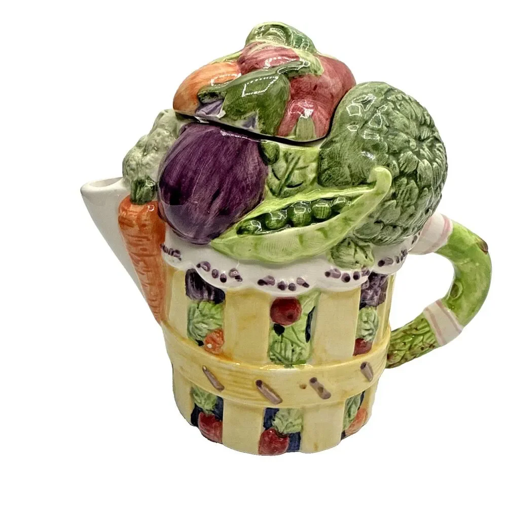 Vintage Angela Akerman Tea Garden Teapot Giftcraft Picnic Basket Fruit Veggie